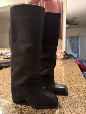 Steve Madden Aletta Black Knee-High Square-Toe Leather Boots size 6M